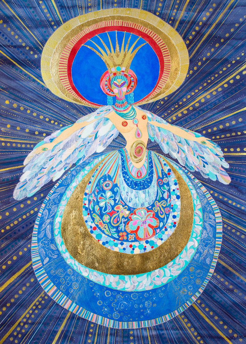 Elaria — Alkonost. Ink on paper, golden leaf. 50x70 cm. 2025